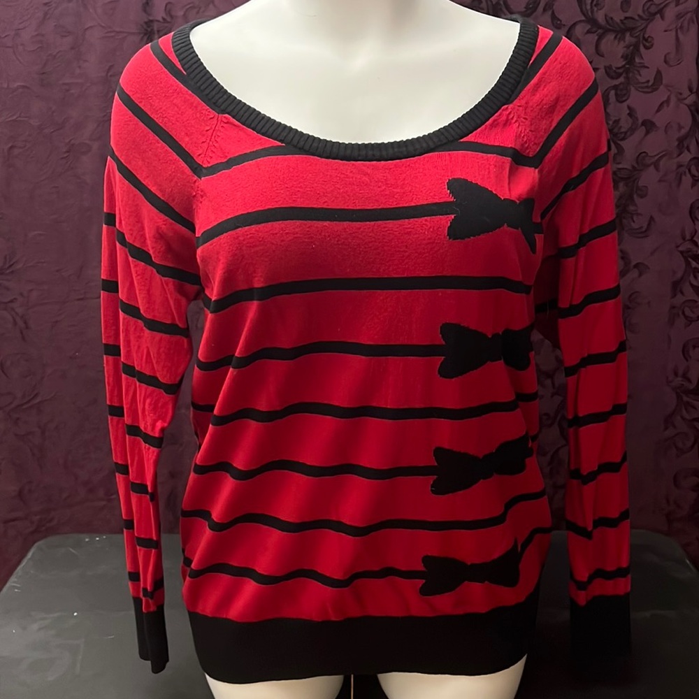 EUC Torrid Red and Black Striped with Black Bow Pattern Sweater
